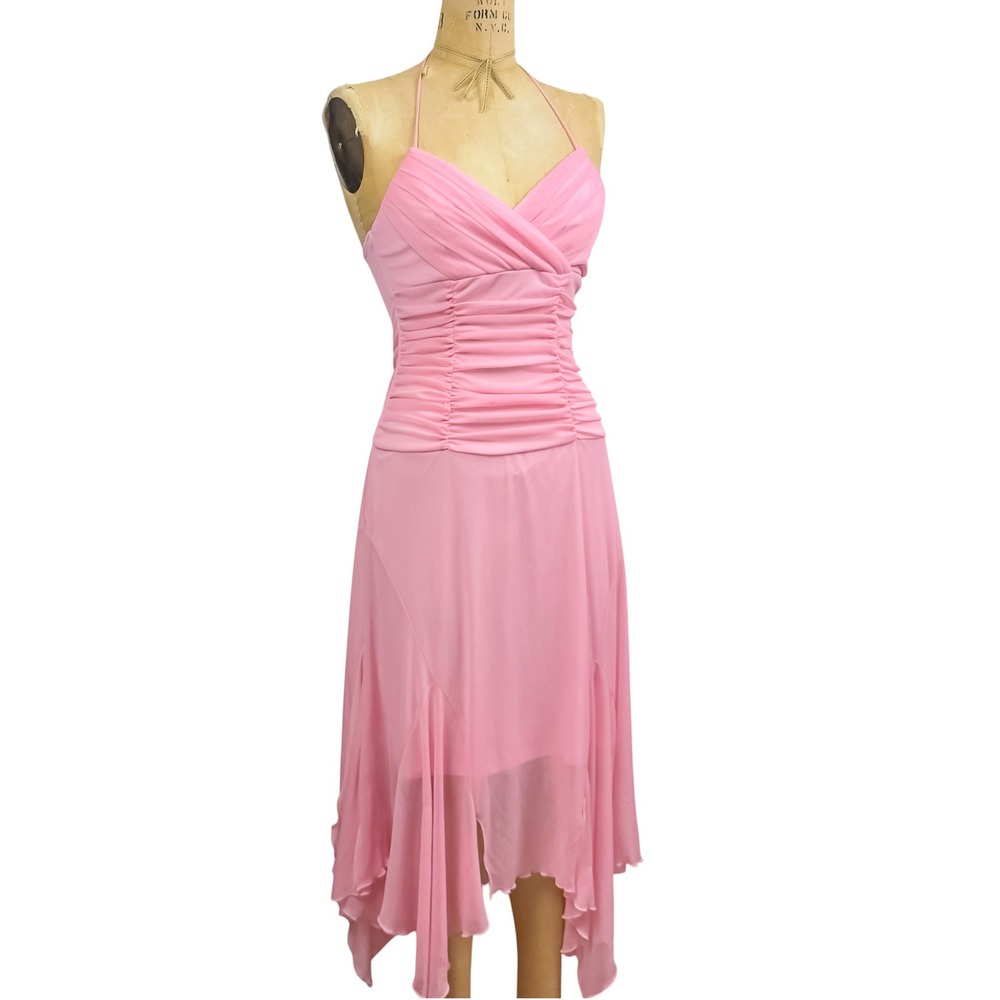 Vintage Windsor Pink Halter Dress Handkerchief Hem XS Ruched Fairy Y2K Prom - Picture 7 of 16